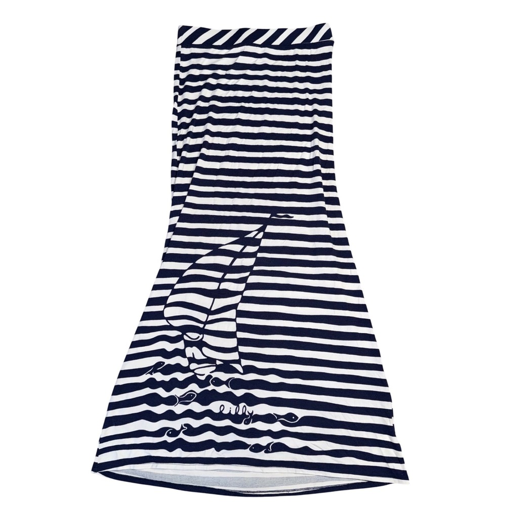 Lilly Pulitzer Maxi Skirt Women S Navy Blue White Stripe Sailboat Excellent